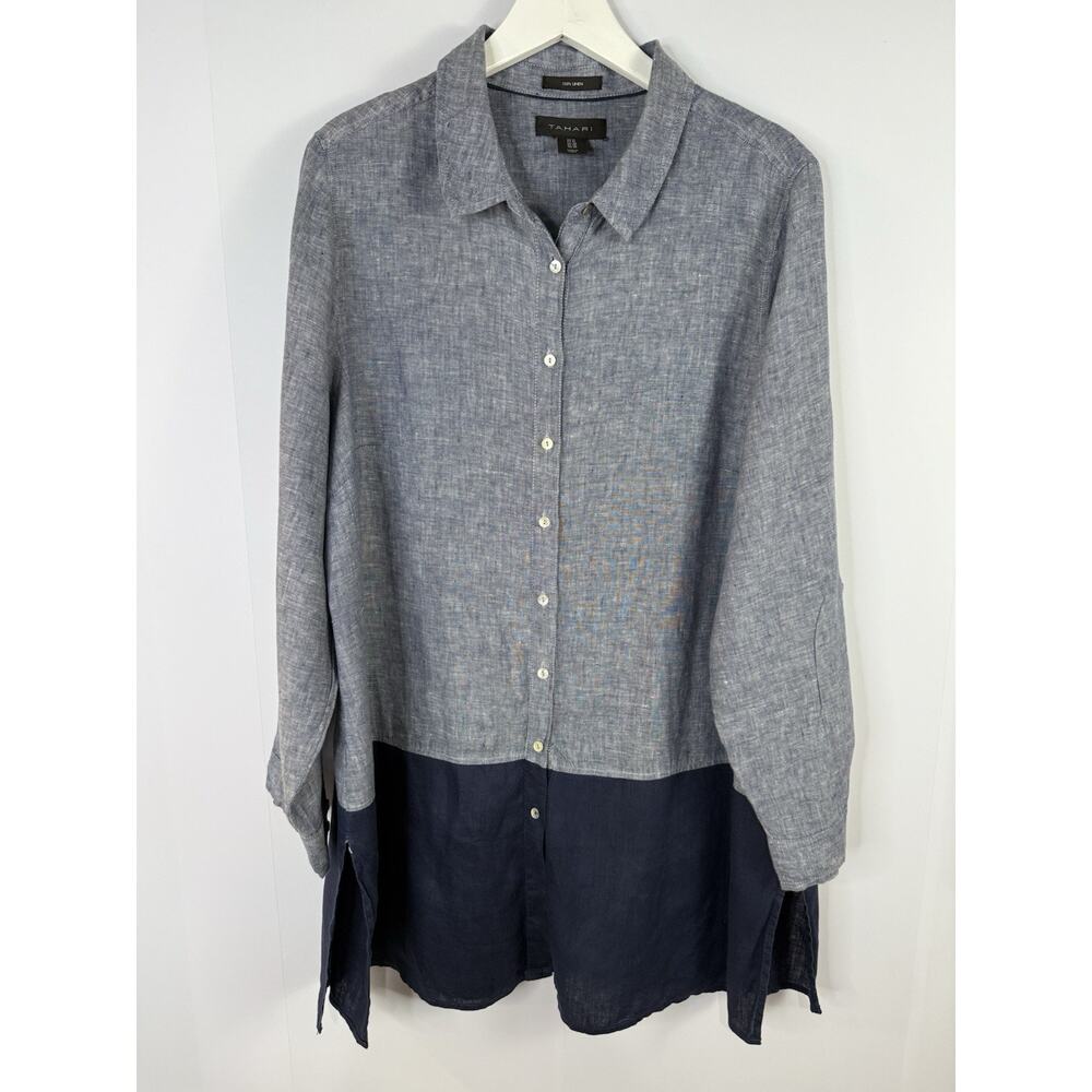 Tahari Linen Tunic Womens 1X‎ Blue Button Up Top Roll Tab Minimalist Coastal